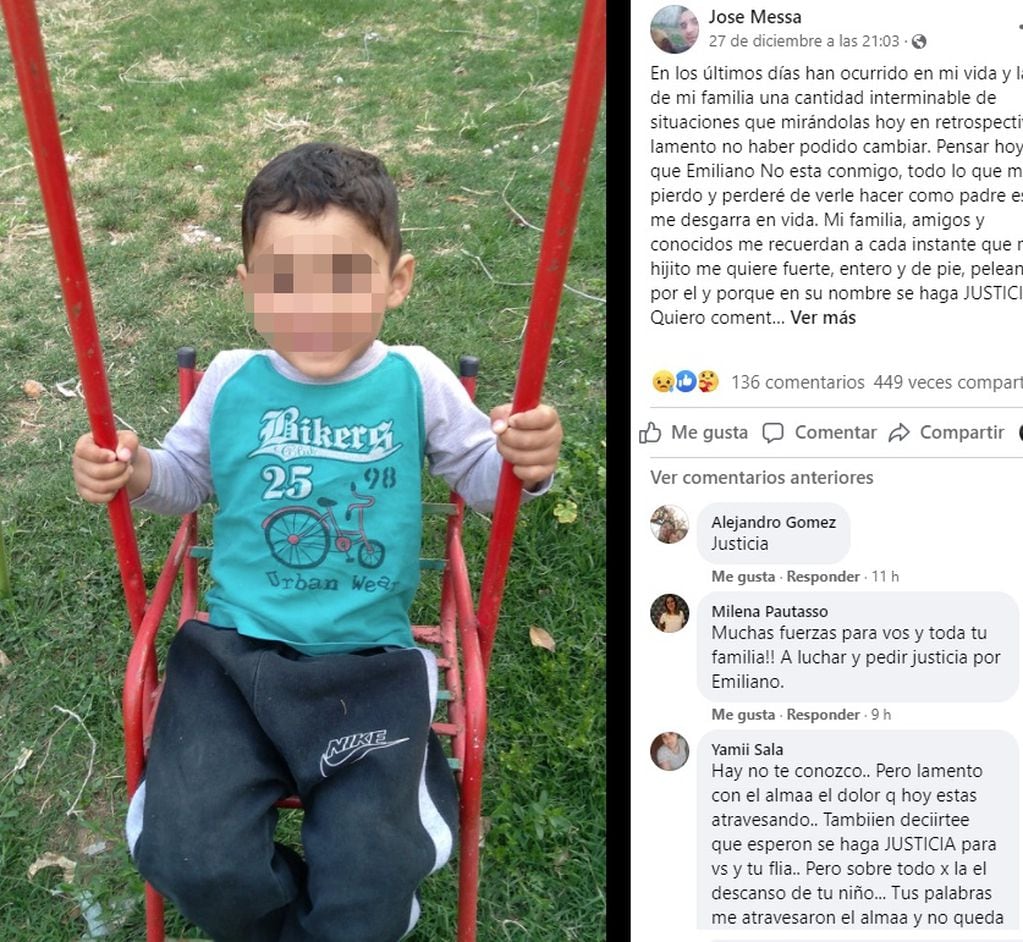 La carta de José Messa, el papá biológico de Emiliano. El nene de 2 años fue asesinado a golpes. / Facebook