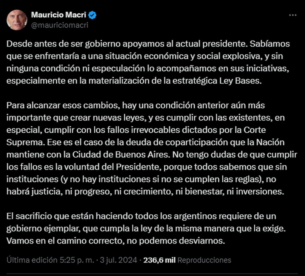 Mauricio Macri le reclamó este miércoles a la administración del actual mandatario Javier Milei que cumpla con el fallo de la Corte Suprema en la coparticipación de la Ciudad - X