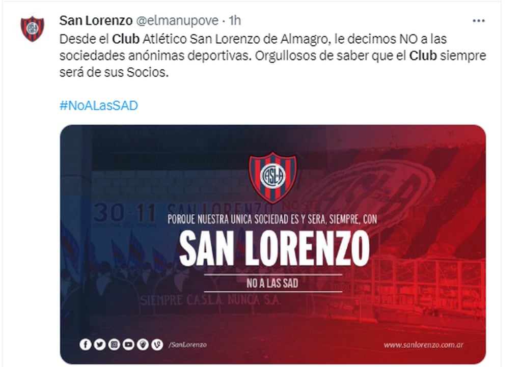 San Lorenzo de Almagro también se expresó en contra de las SAD que propone Javier Milei. 