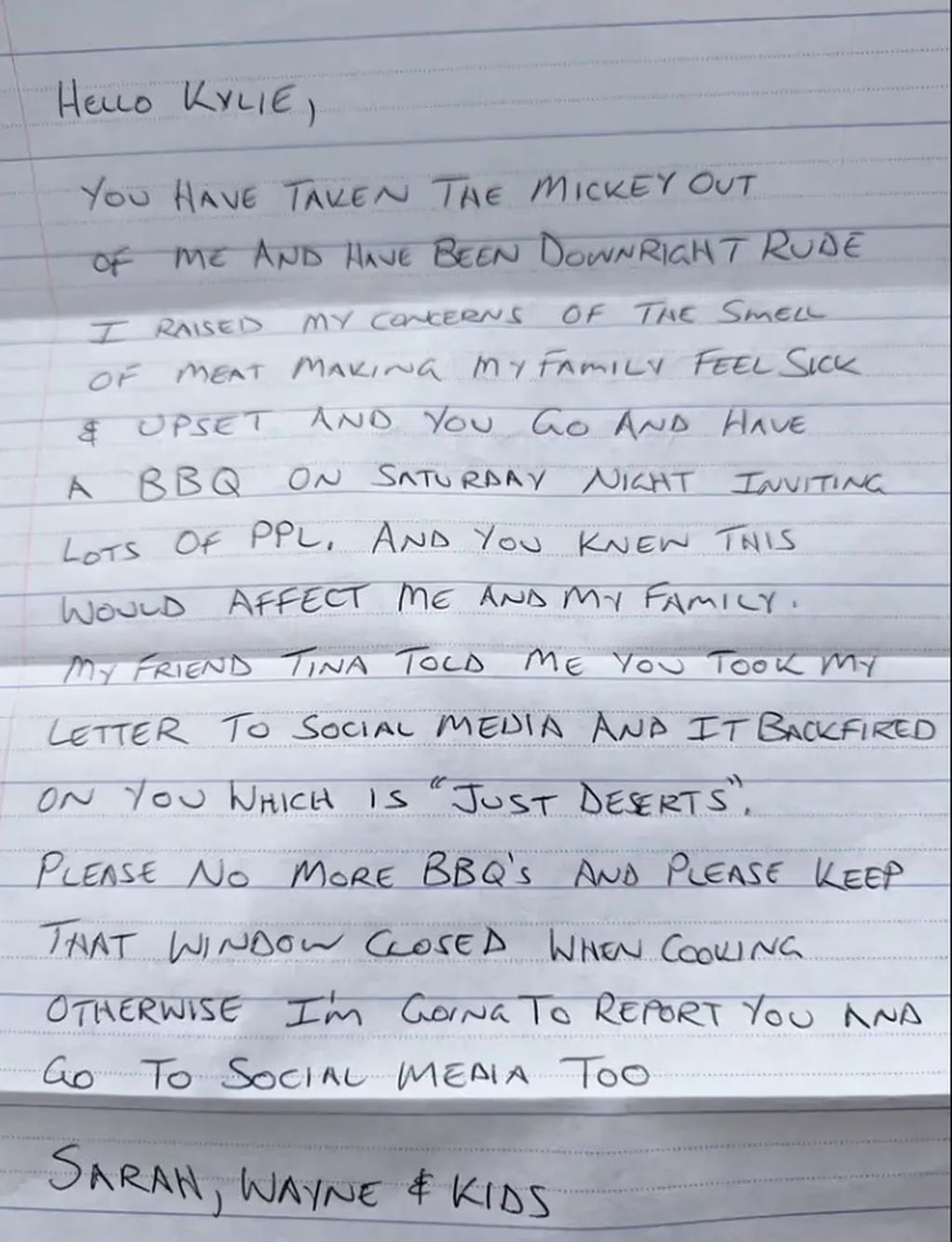 La carta completa donde amenaza a su vecino luego de que no le hiciera caso a su primer pedido. Gentileza: TN.