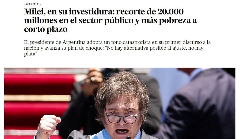 La asunción presidencial de Javier Milei en El País (España)