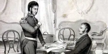  Entrevista de San Martín y Pueyrredón en Córdoba, en 1816. Óleo. 1926. Boceto en tinta china de M. Rosso. MHN.