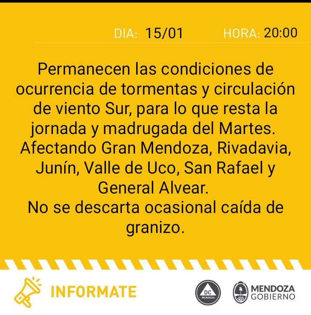 Rige una alerta naranja y otra amarilla por tormentas en Mendoza e ingresa un frente frío para este martes 16 de enero de 2024.