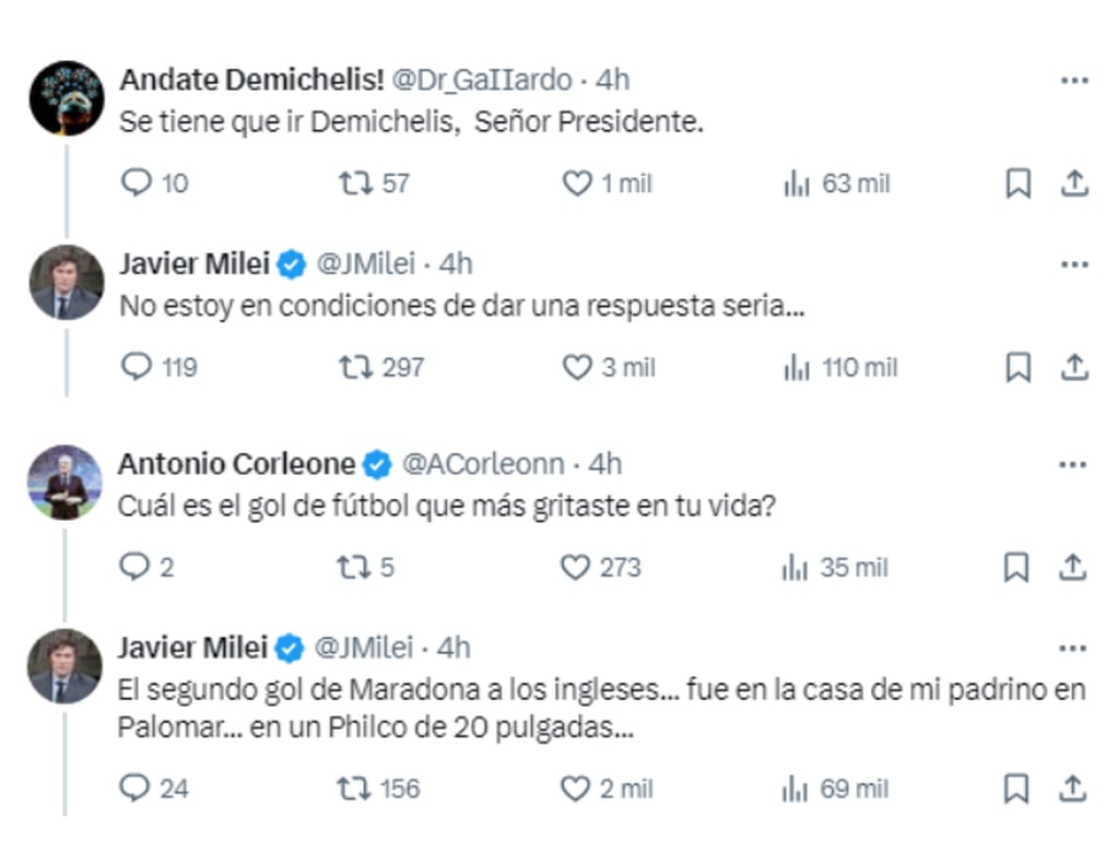 Las respuestas de Javier Milei a sus seguidores. Foto: Captura X.