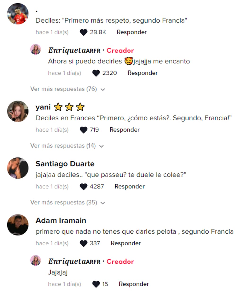 Muchos usuarios apoyaron a Enriqueta y se bromearon sobre el seleccionado francés. Foto: TikTok/@enriquetarivas.ok