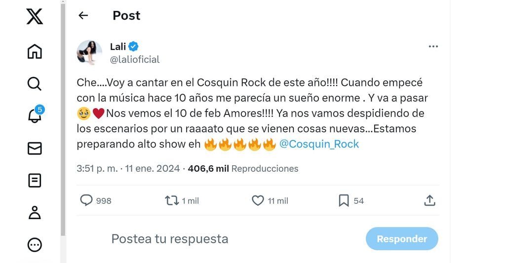 Lali Espósito se despide en el Cosquín Rock. Captura de pantalla.