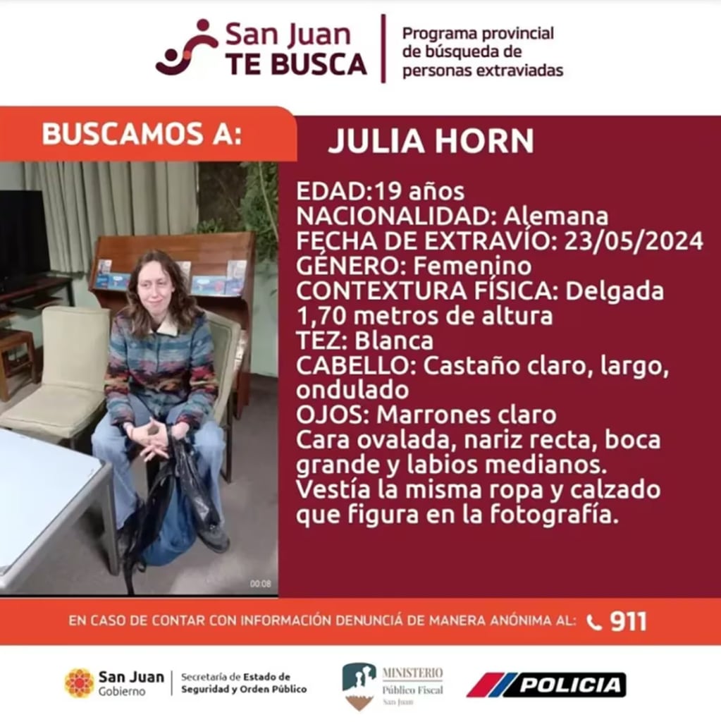 Continúa la búsqueda de Julia Horn y se suma su padre al operativo. Imagen: Policía de San Juan