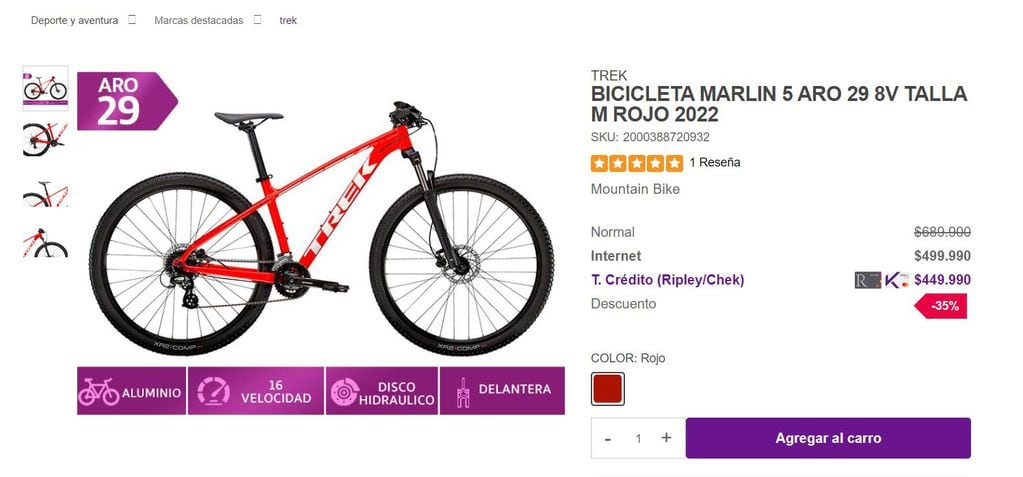 Esto sale una bicicleta marca Trek, modelo Marlin R29 en Chile.