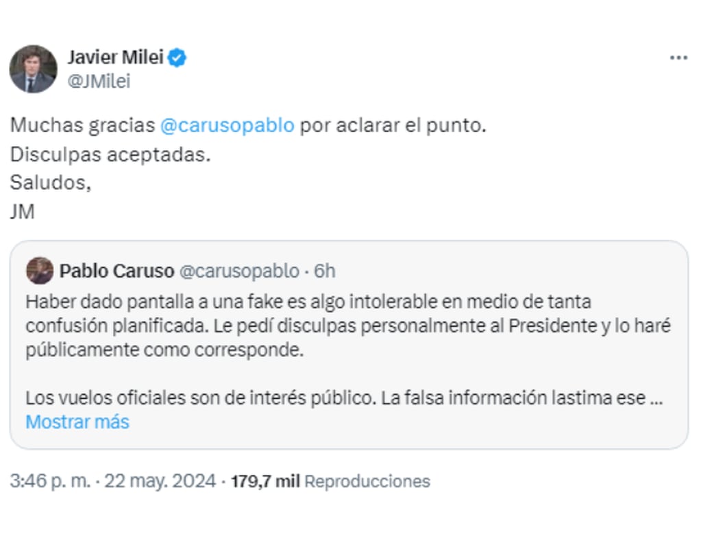 La respuesta de Javier Milei a Pablo Caruso en X. Foto: Captura.