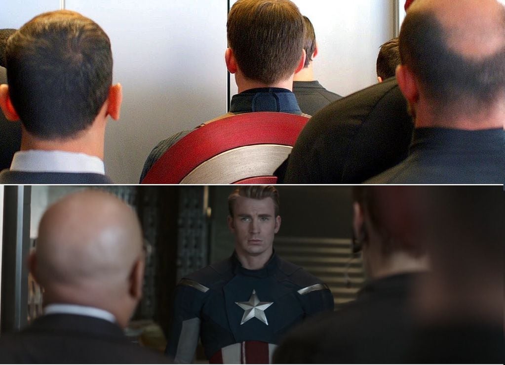 El ascensor: Capitán América y el soldado del invierno (2014) y Avengers: Endgame (2019). Originalmente proviene de "Duro de matar 3" (1995). 