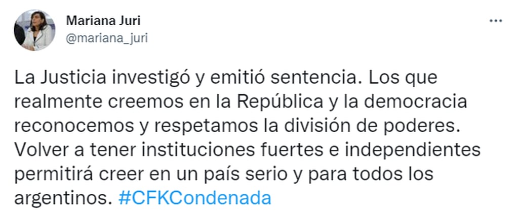 La senadora destacó el papel de la justicia en la condena a Cristina Fernández.