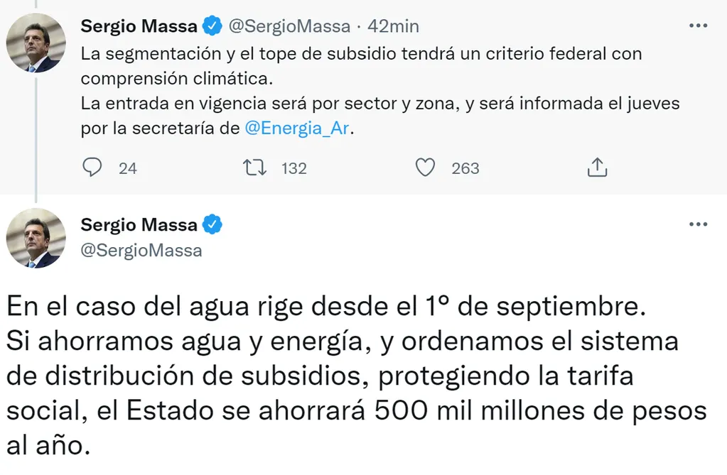 Según Sergio Massa, el Gobierno busca ahorrar $500.000 millones en subsidios energéticos. Foto: Twitter / @SergioMassa
