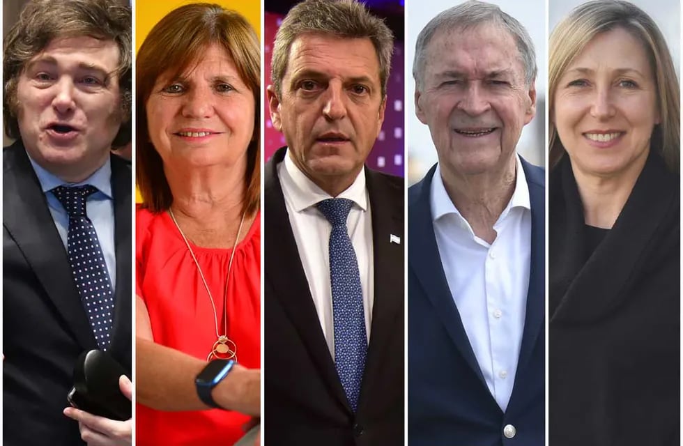 Elecciones 2023: los cinco candidatos a presidente que competirán en las generales: Javier Milei, Patricia Bullrich, Sergio Massa, Juan Schiaretti y Myriam Bregman.