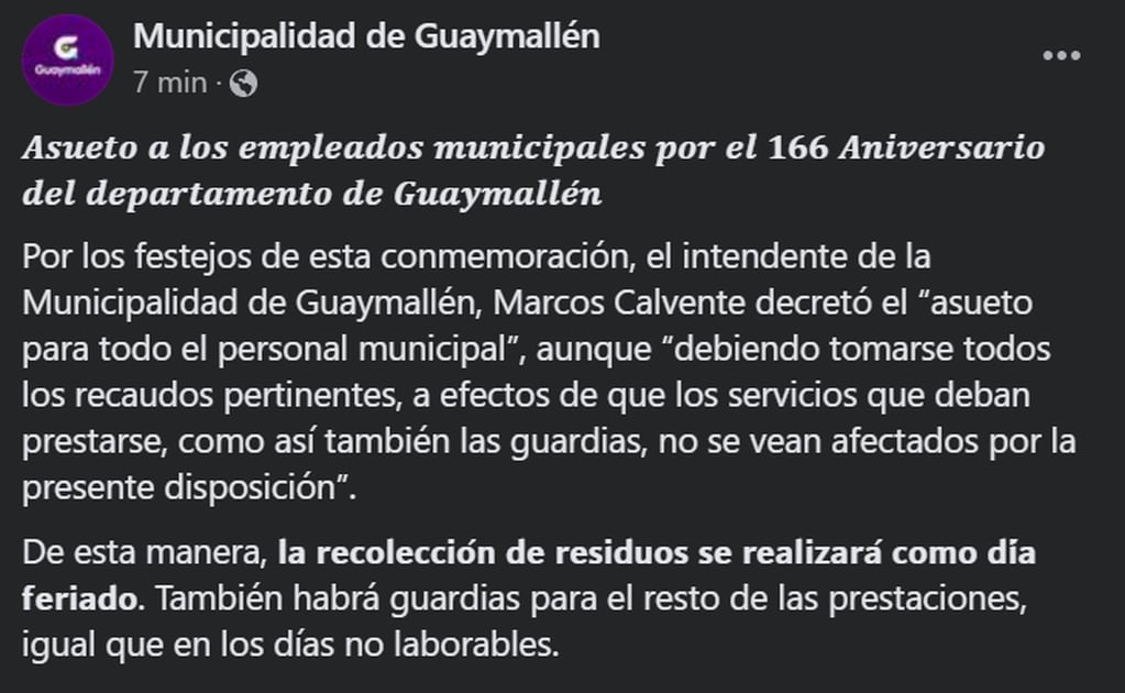 Asueto a los empleados municipales por el 166 Aniversario del departamento de Guaymallén. Foto: Municipalidad de Guaymallén