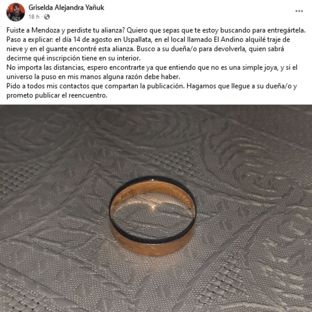 Una mujer encontró adentro de un guante en Uspallata un anillo y ahora busca a su propietario.
