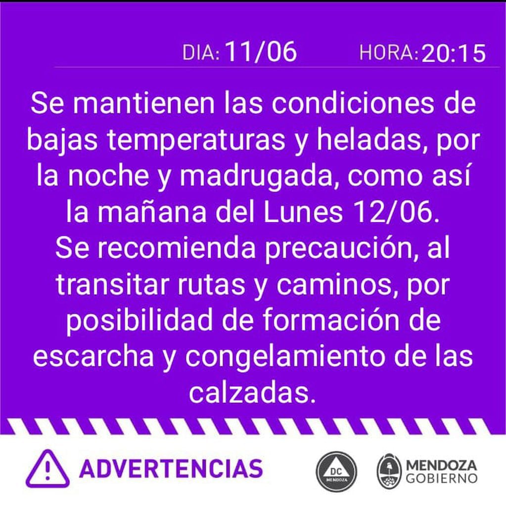 Autoridades de la provincia advierten por posible congelamiento de calzadas durante la madrugada del Lunes. Foto: Gobierno de Mendoza