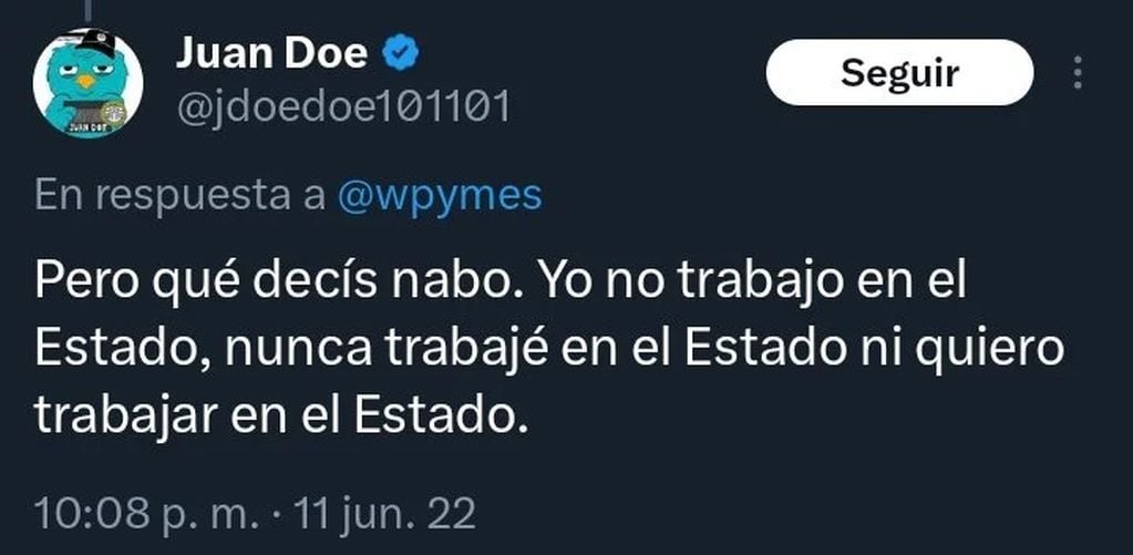 El tuitero Juan Doe fue designado en el gobierno de Milei. En 2022, dijo que no quería trabajar en el Estado.