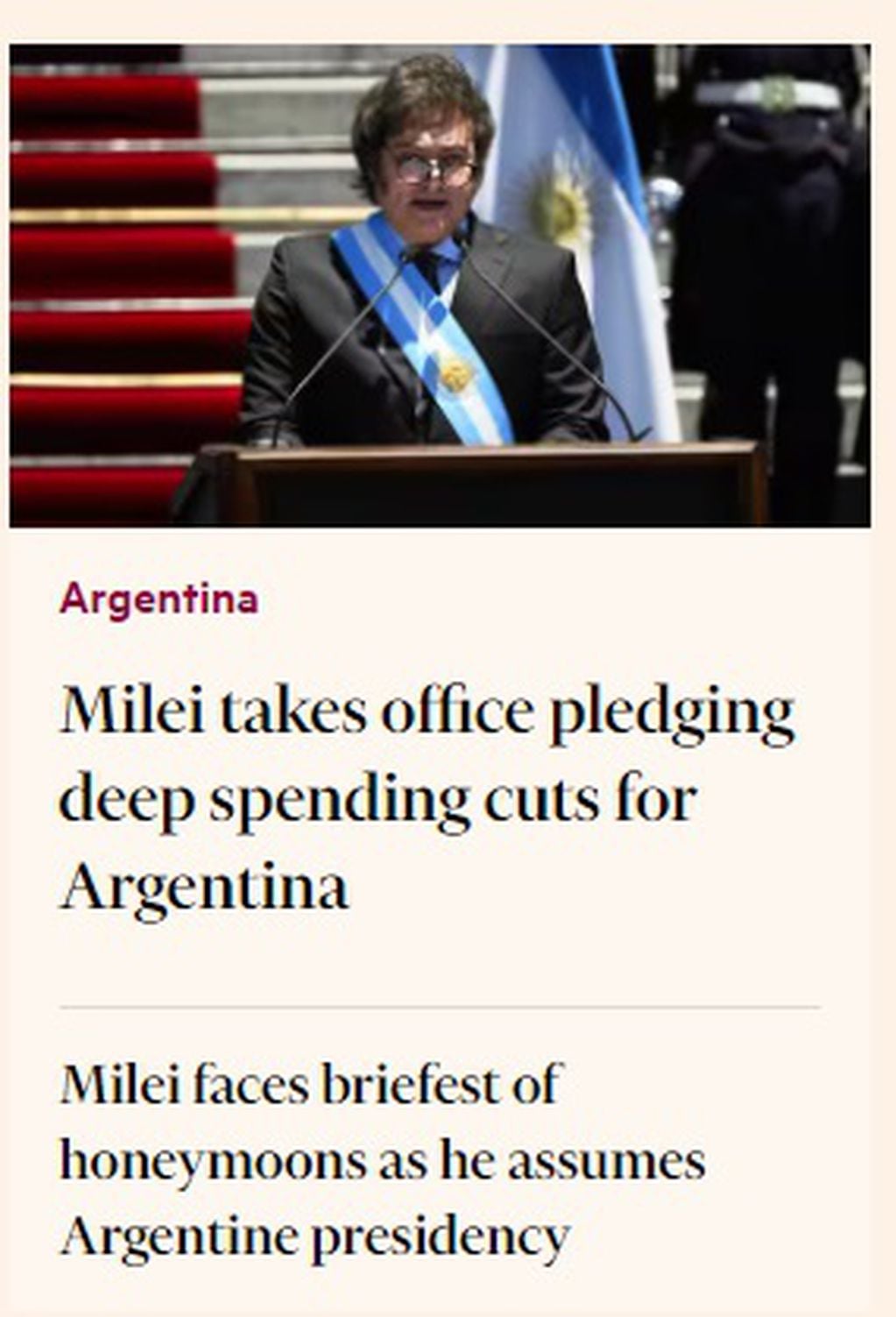 La asunción presidencial de Javier Milei en el Financial Times
