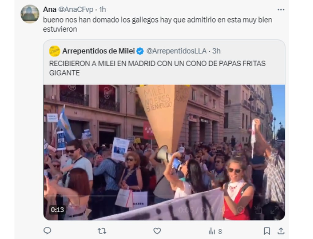 Las reacciones de los usuarios al cono de papas fritas en repudio a Javier Milei. Foto: Captura redes