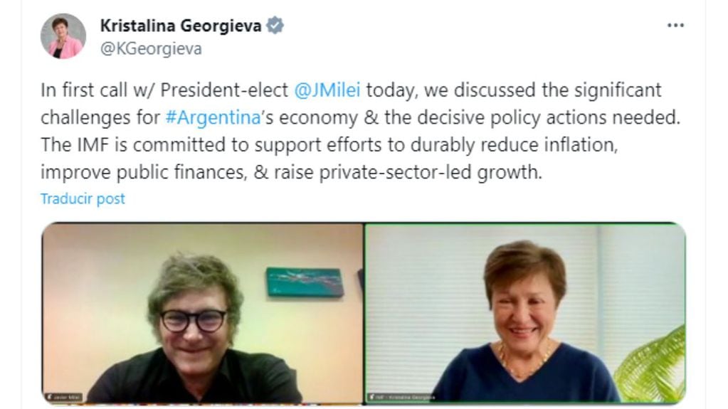 Javier Milei habló con Georgieva y afirmó que el FMI “se mostró colaborativo” con Argentina.