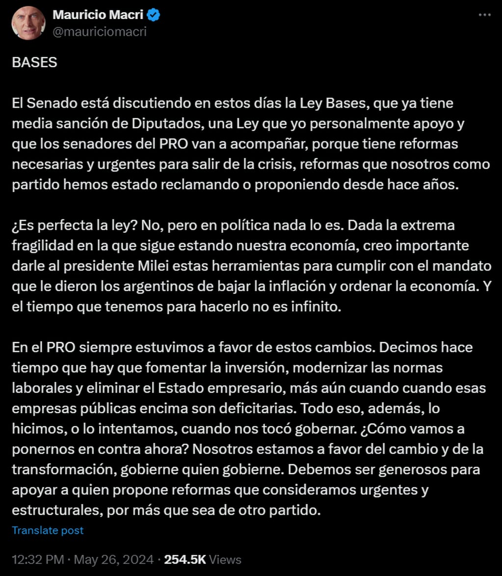 Mauricio Macri reclamó la aprobación de la Ley Bases. Captura X / @mauriciomacri