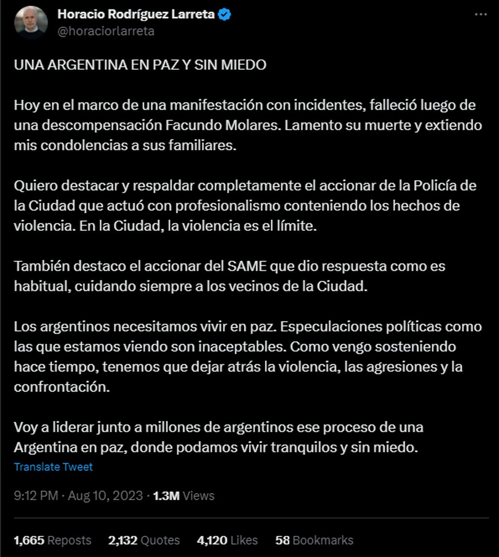 El posteo de Larreta tras la muerte de Facundo Molares. Foto: Twitter / @horaciorlarreta
