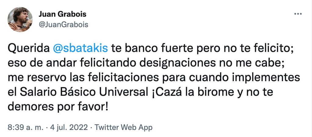 Mensaje de Juan Grabois en Twitter para la nueva ministra de Economía, Silvina  Batakis.