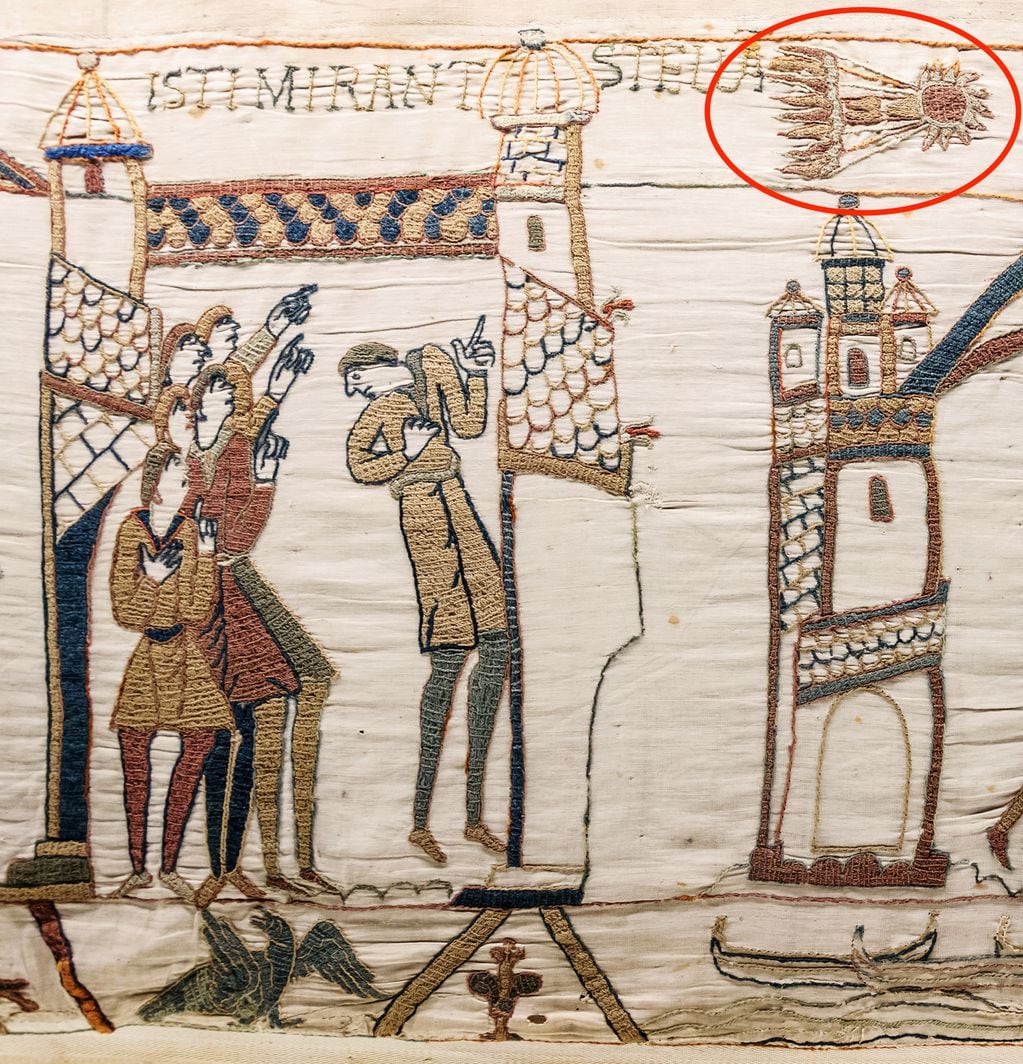 El cometa como fue pintado en el célebre Tapiz de Bayeux, que refleja escenas de la Edad Media, entre entre 1067 y 1079.