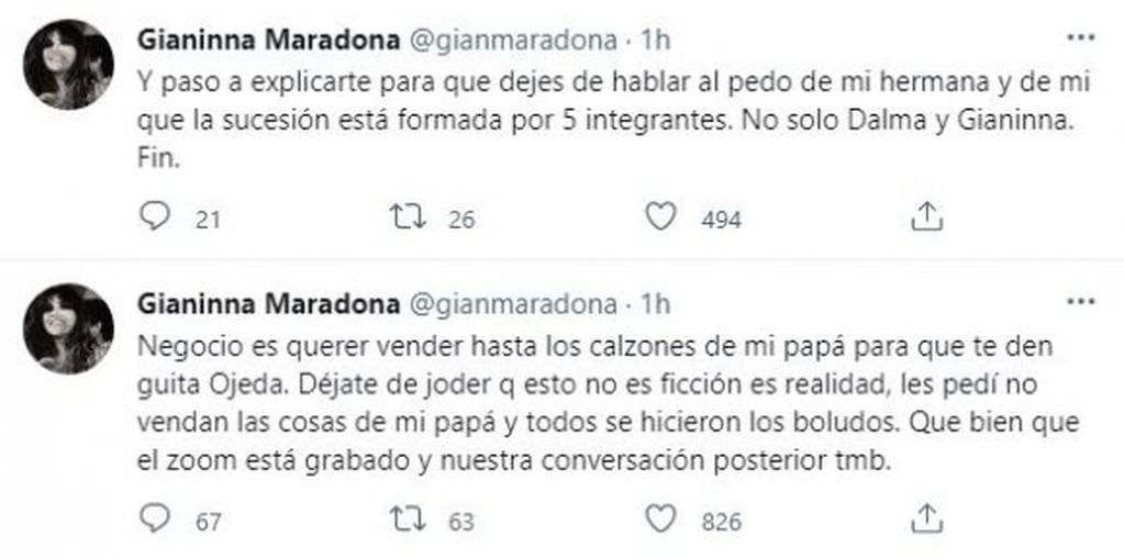 El picante tuit de Gianinna Maradona