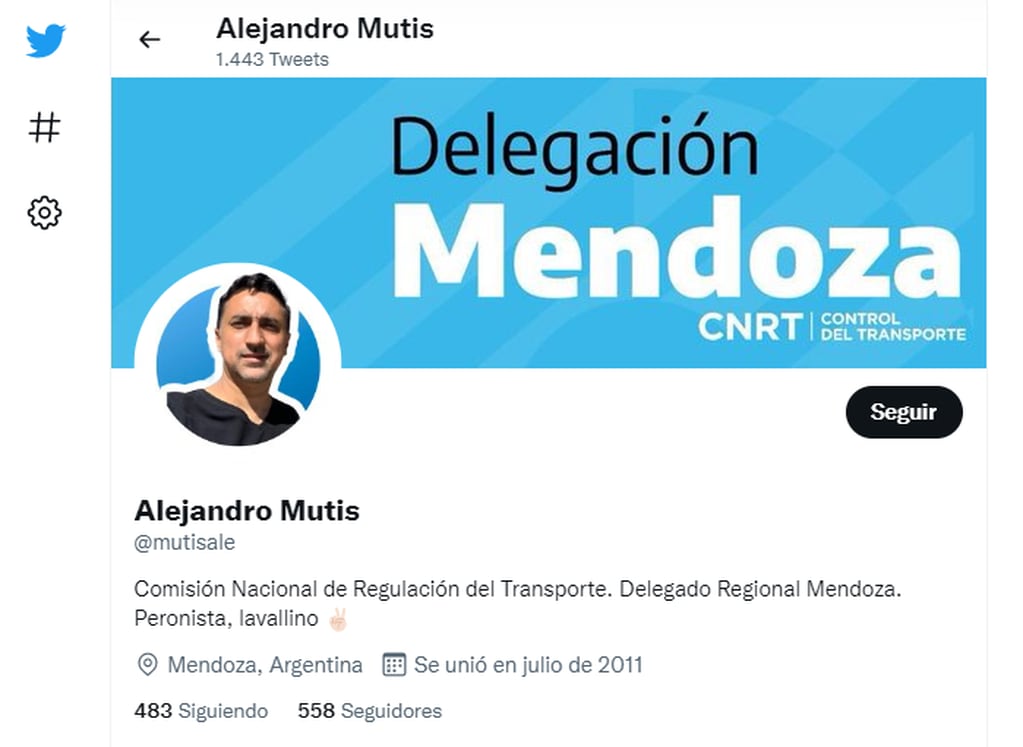 El perfil de Twitter del delegado de la Comisión Nacional de Transporte.