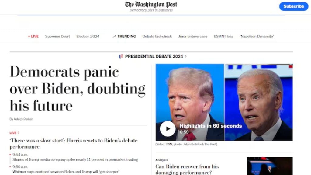 Portada de Washington Post. Los titulares de la prensa estadounidense tras el debate presidencial de cara a las elecciones / Gentileza La Nación