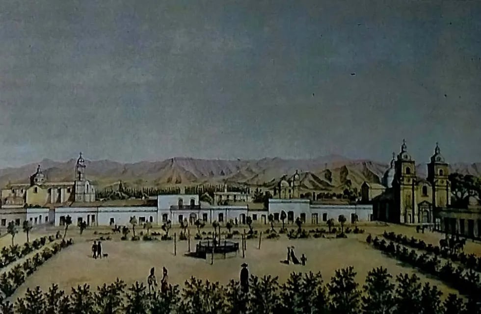 "Plaza principal de Mendoza antes del terremoto de 1861.