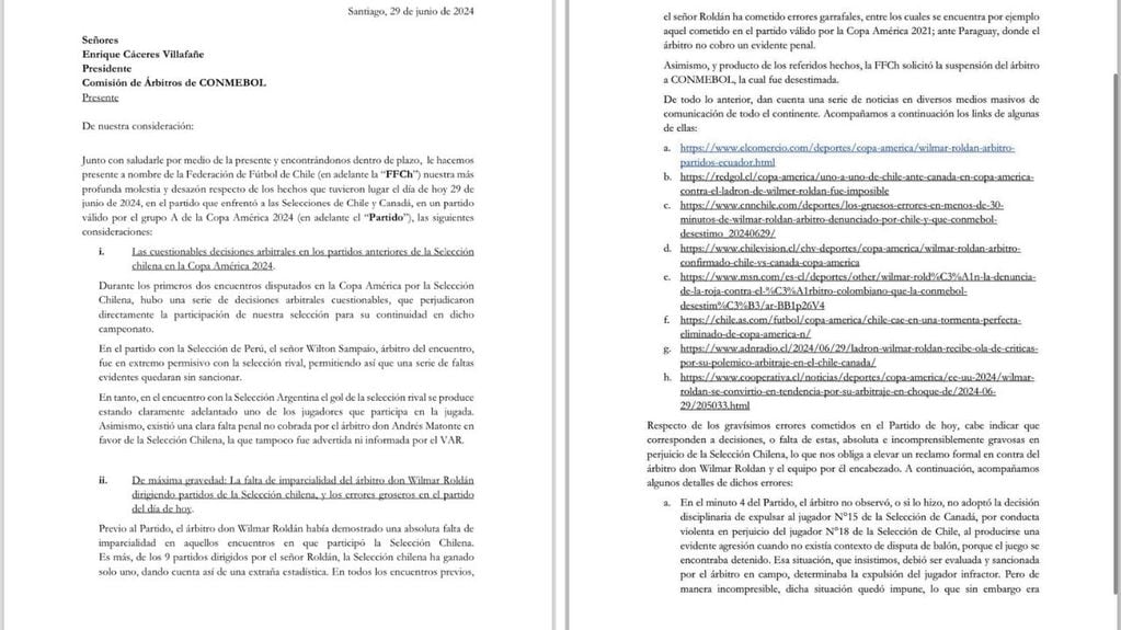 Chile presentó una queja formal ante Conmebol por decisiones arbitrales durante Copa América 2024.