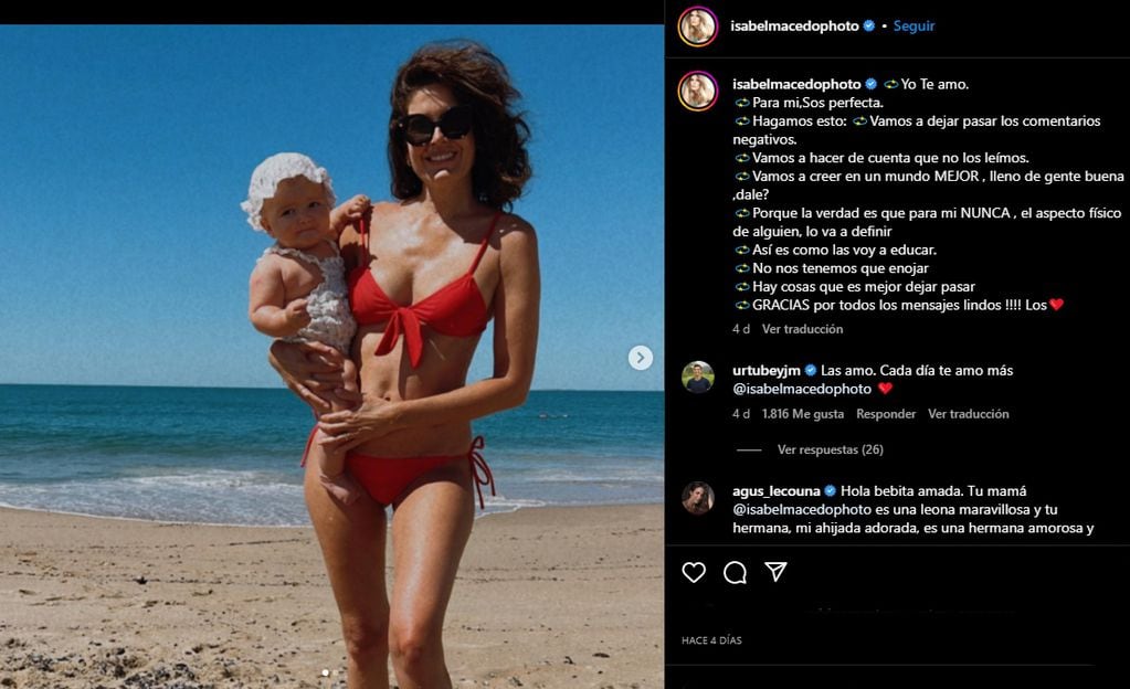Isabel Macedo de vacaciones posando junto a su beba, a quien le escribió un emotivo mensaje en un posteo de Instagram. Foto: @isabelmacedophoto / Instagram.