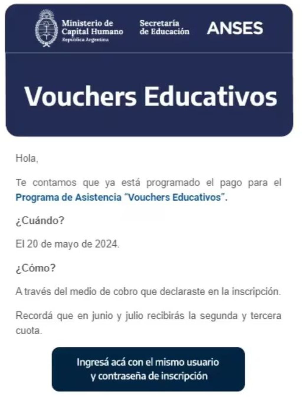 Así es el mail de confirmación para el pago del voucher educativo.