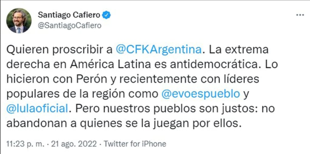 Santiago Cafiero salió a defender a Cristina Kirchner por la causa Vialidad. 