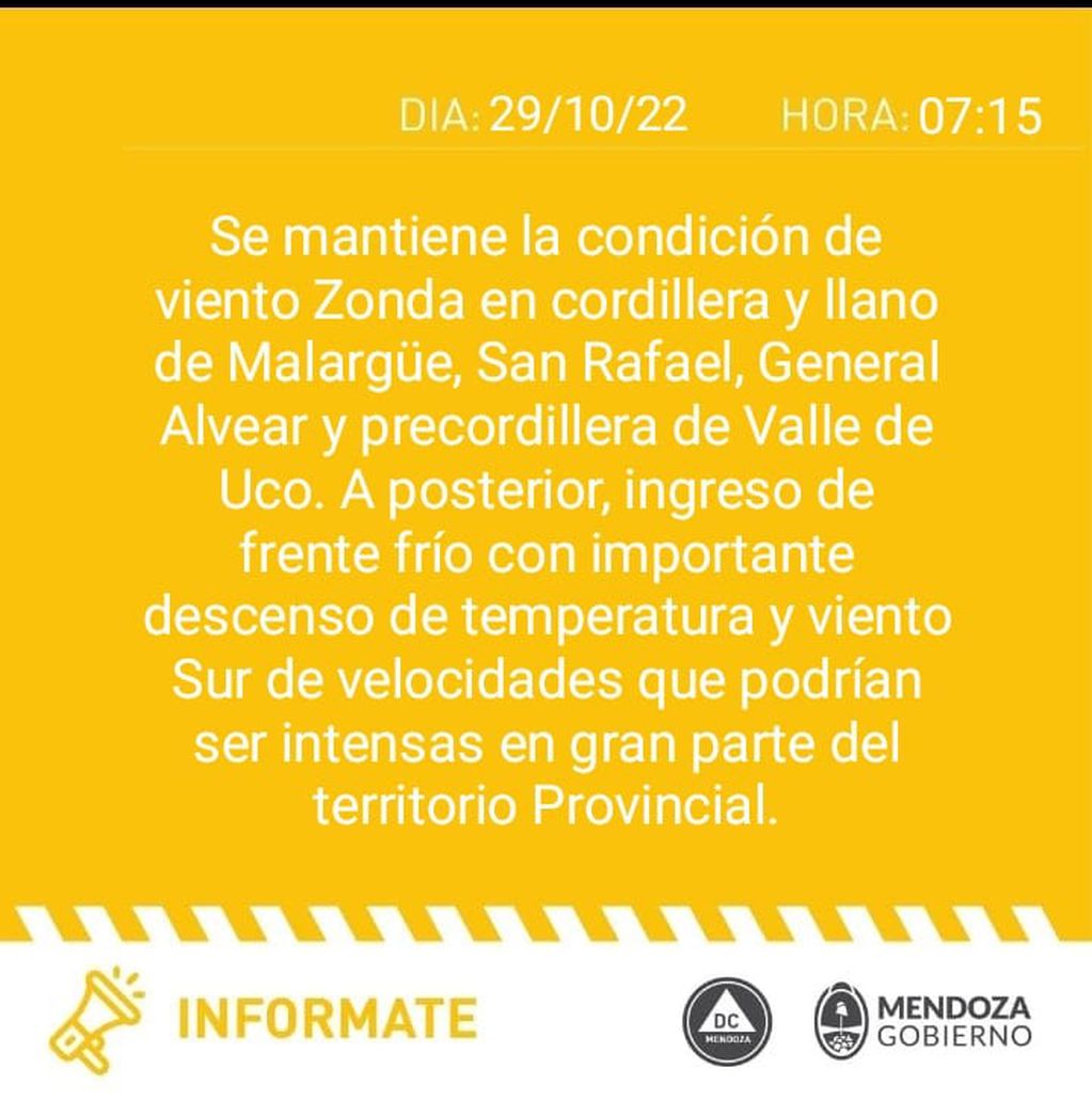 Alerta amarilla para el sur provincial.