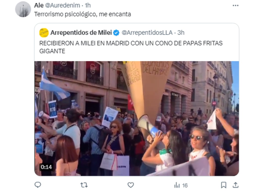 Las reacciones de los usuarios al cono de papas fritas en repudio a Javier Milei. Foto: Captura redes