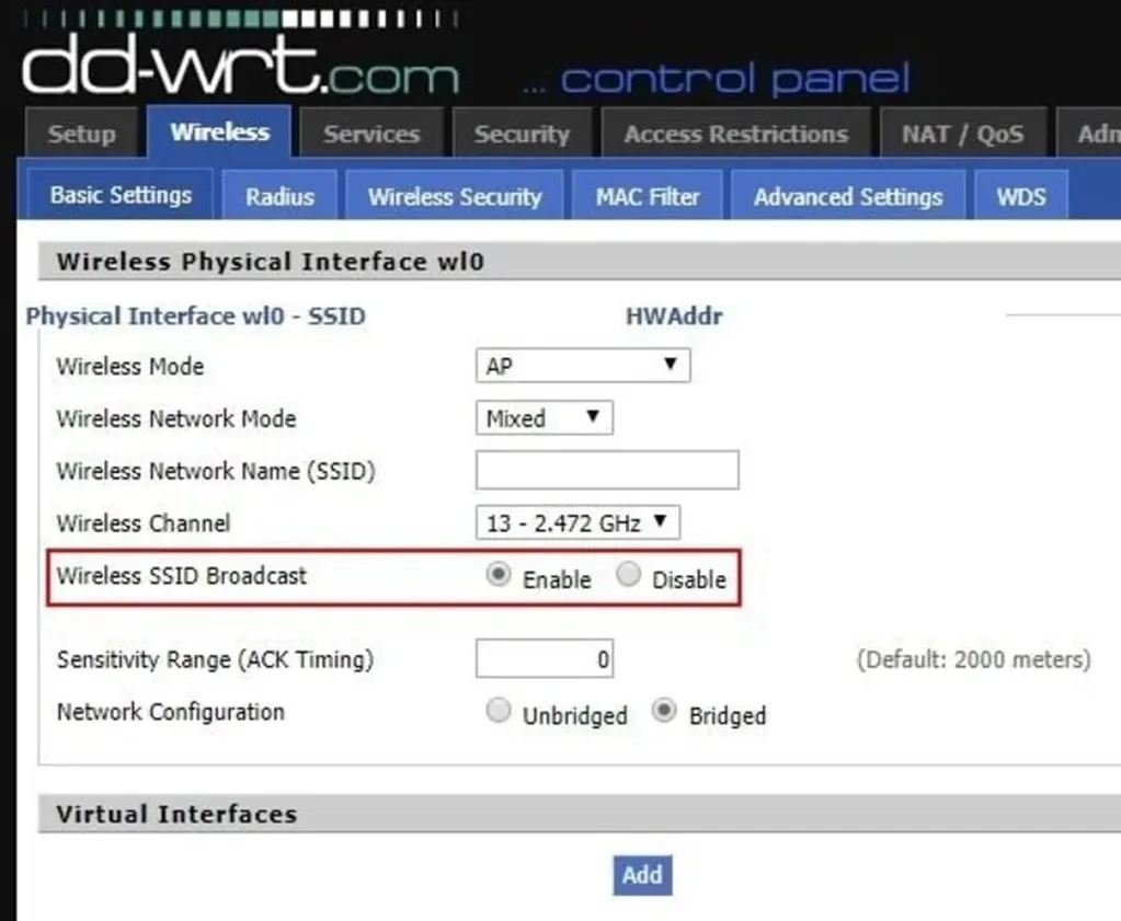 Panel de control de un router para ocultar el SSID. Foto: DD WRT