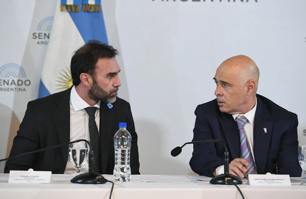 Los senadores de La Libertad Avanza Ezequiel Atauche (izquierda) y Bartolomé Abdala (derecha) durante el plenario de comisiones (Foto: Comunicación Senado)