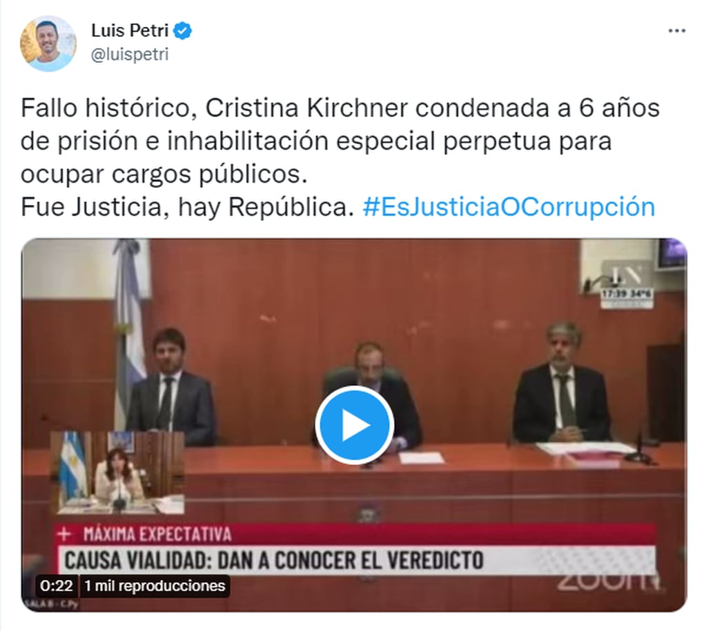 El ex diputado nacional por la UCR, Luis Petri, celebró el fallo de la Justicia Federal.