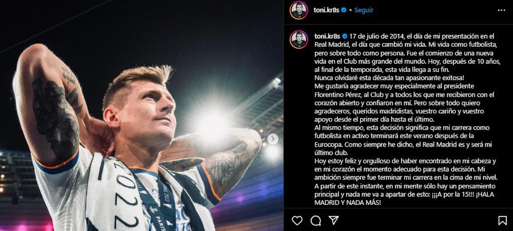 El mensaje de Toni Kroos en su cuenta de Instagram. Foto: Captura.