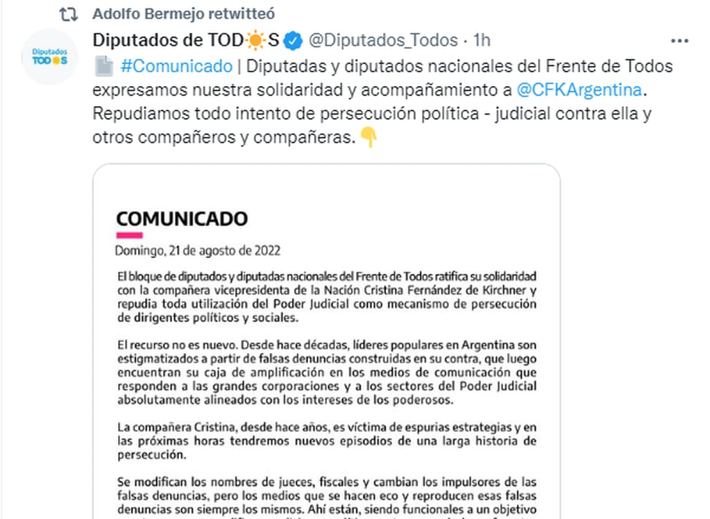 El diputado nacional Adolfo Bermejo avaló la solidaridad con Cristina Fernández.