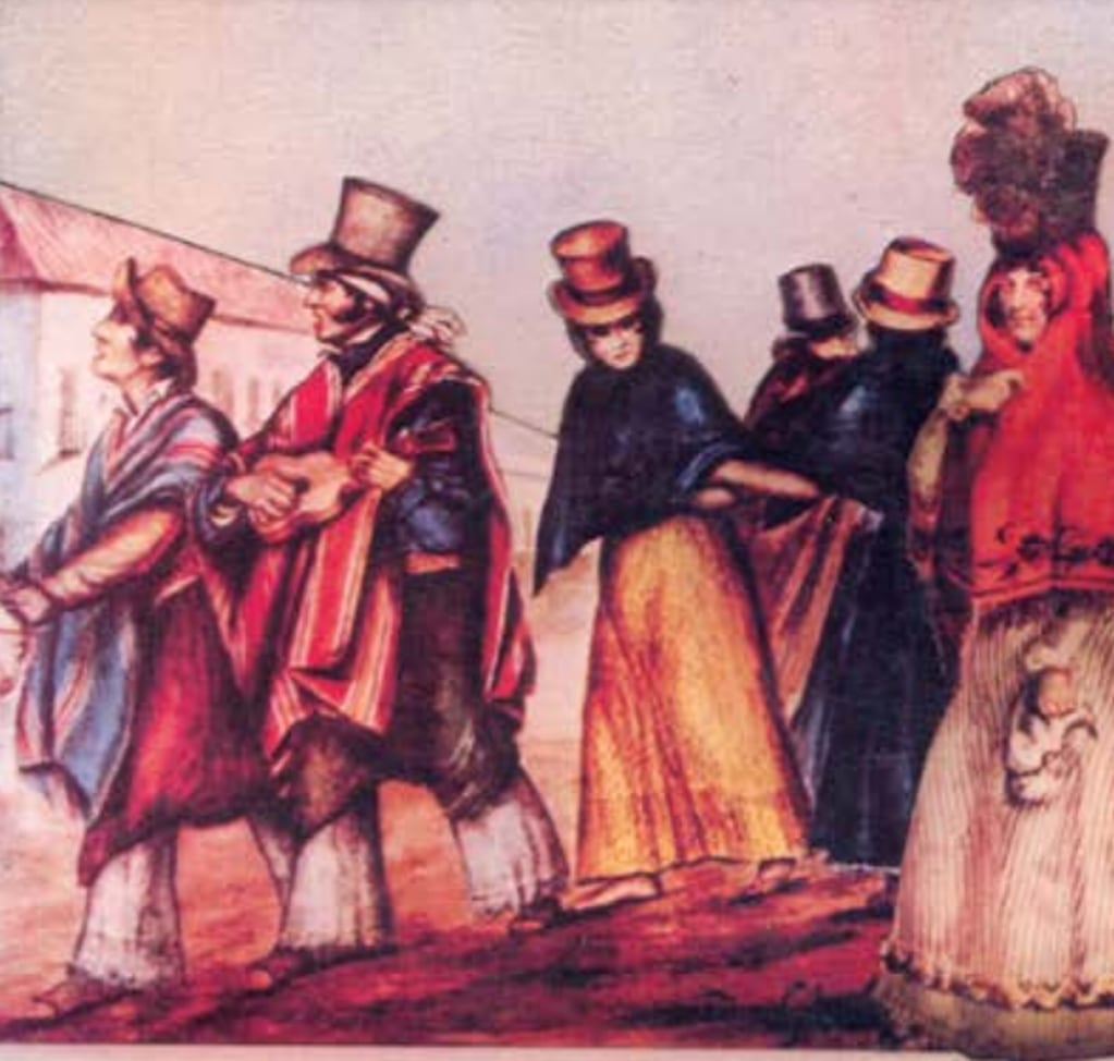 Personajes coloniales.jpg "Representación compuesta por la reproducción parcial de dos acuarelas de A. Giast, "Músicos en Mendoza" y "Señora Mendocina".