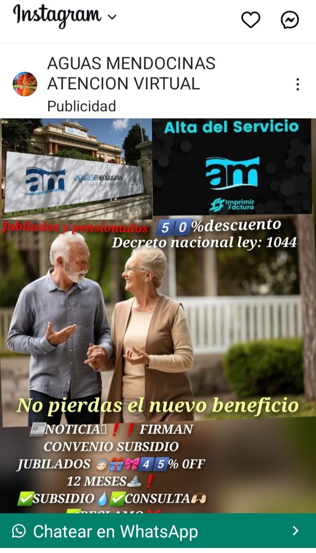 Cuenta trucha de Aguas Mendocinas publicita beneficio para jubilados en Instagram.
