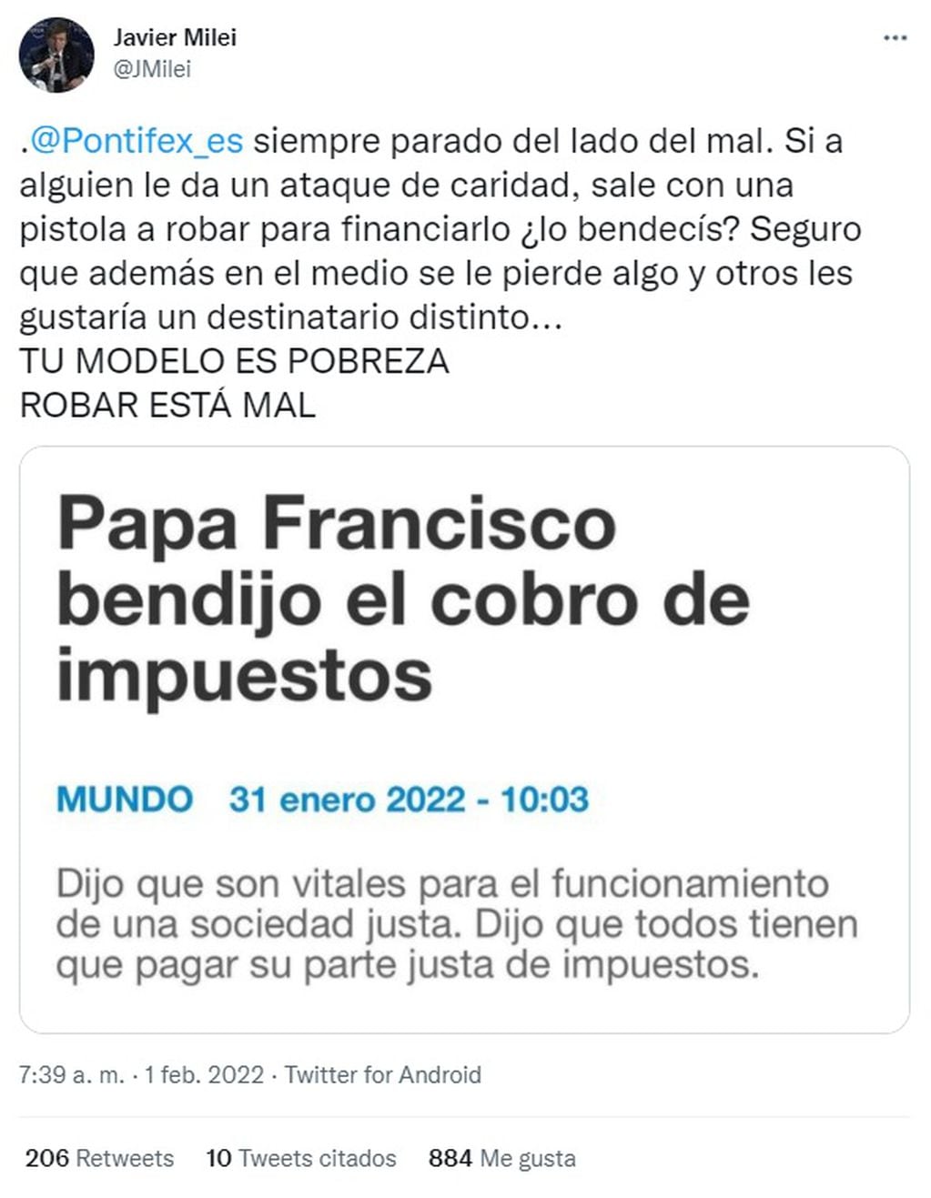 Javier Milei descargó un severo cuestionamiento al papa Francisco (Twitter)