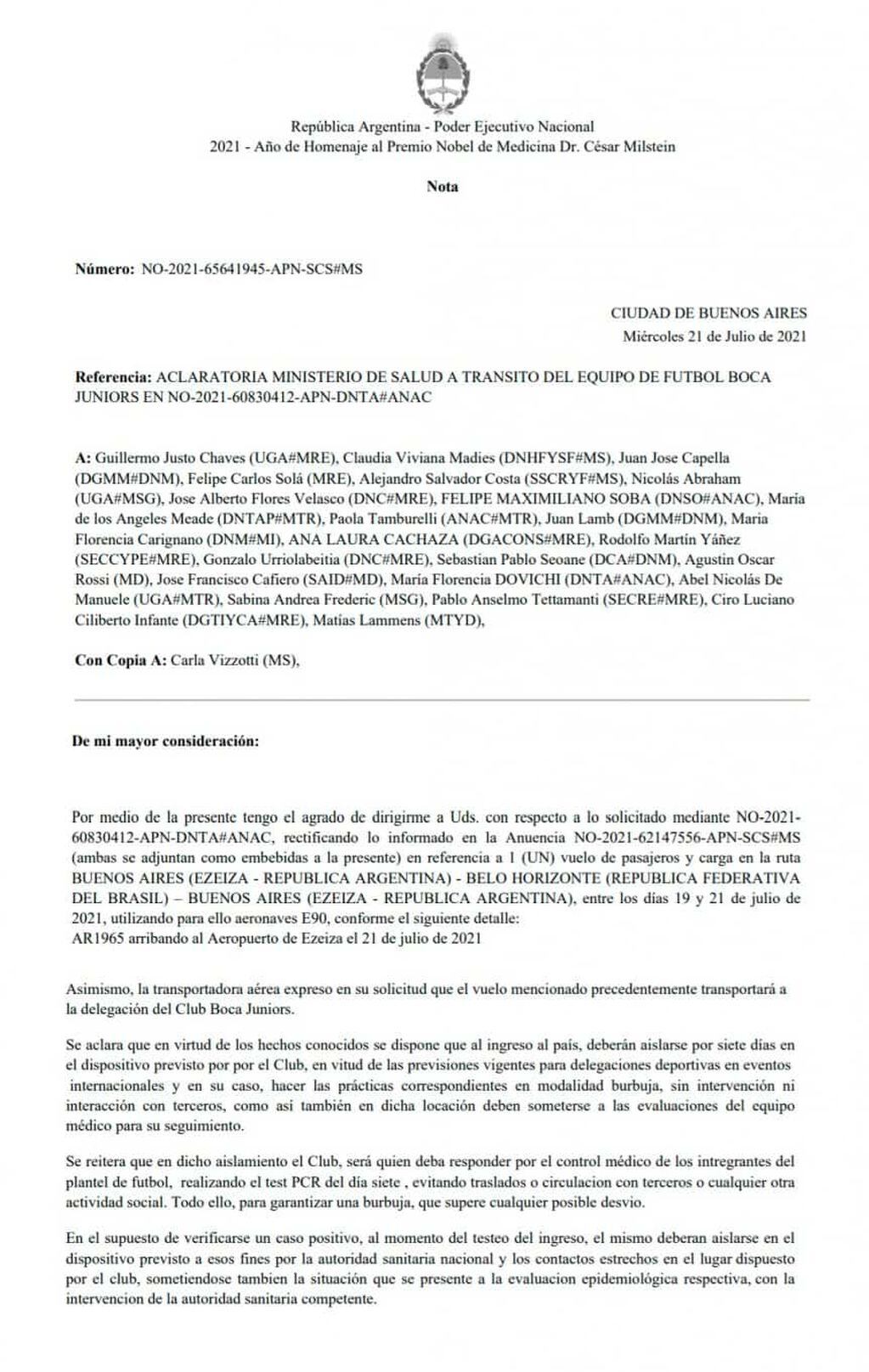 El comunicado del Ministerio de Salud de la Nación sobre la situación de Boca. / Gentileza.