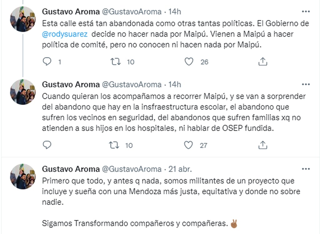 El secretario de Gobierno de Maipú, Gustavo Aroma, apuntó contra la UCR por las críticas al estado de una calle.