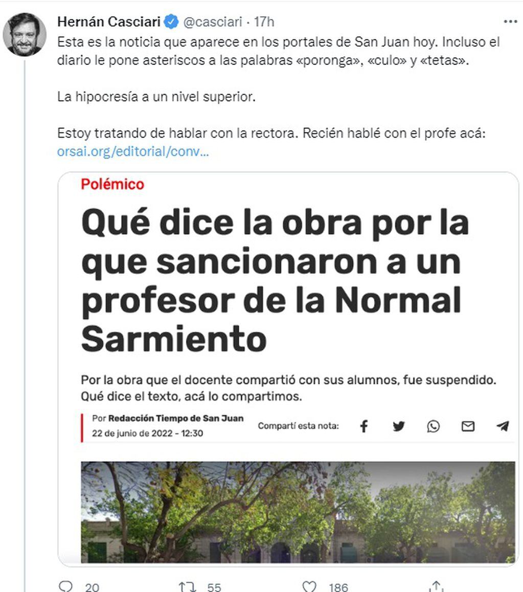 El autor de "Canelones", el cuento de la polémica, habló en Twitter sobre el caso del profesor suspendido en San Juan