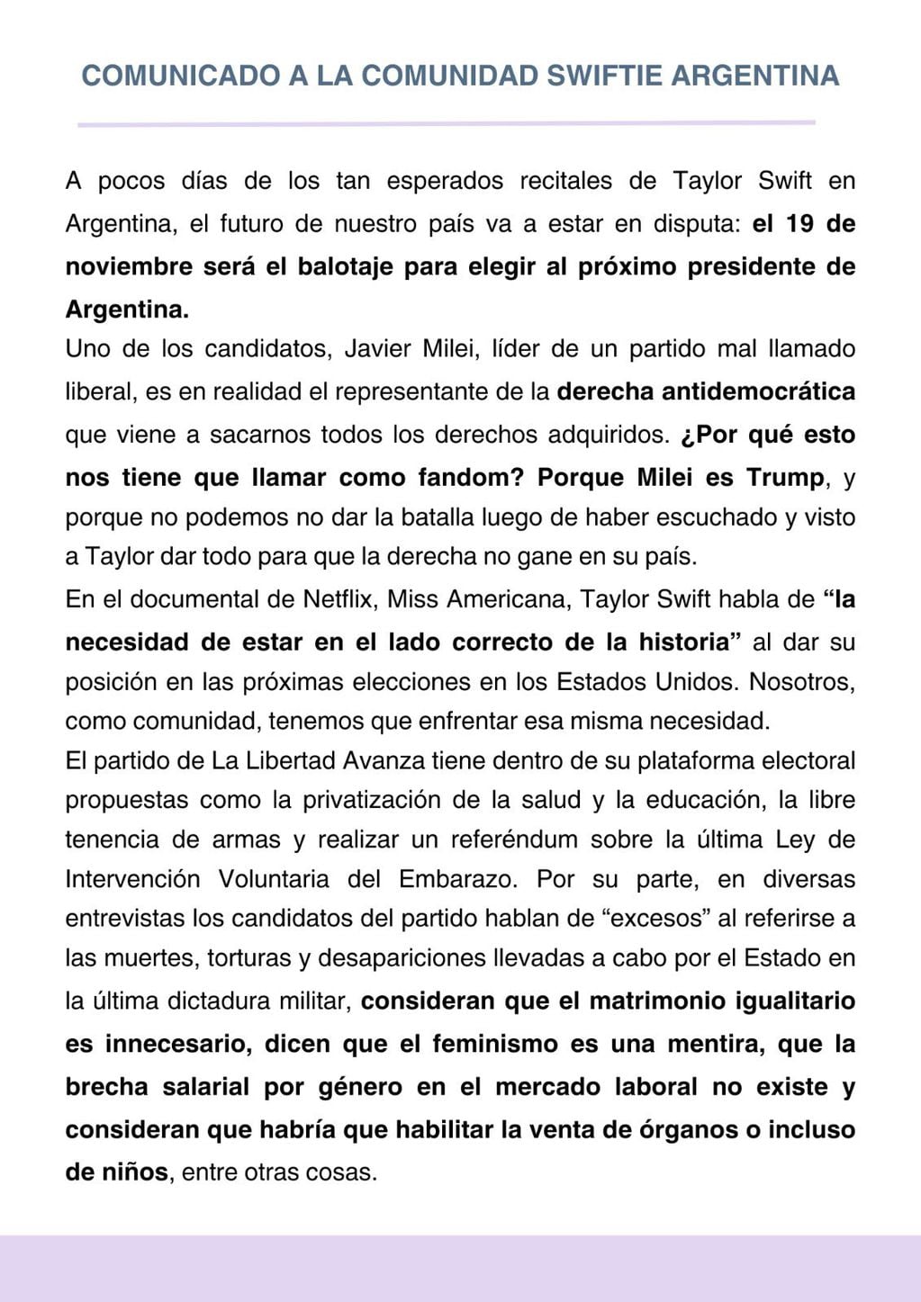 El comunicado de las swifties argentinas en contra de Milei. Foto: X.